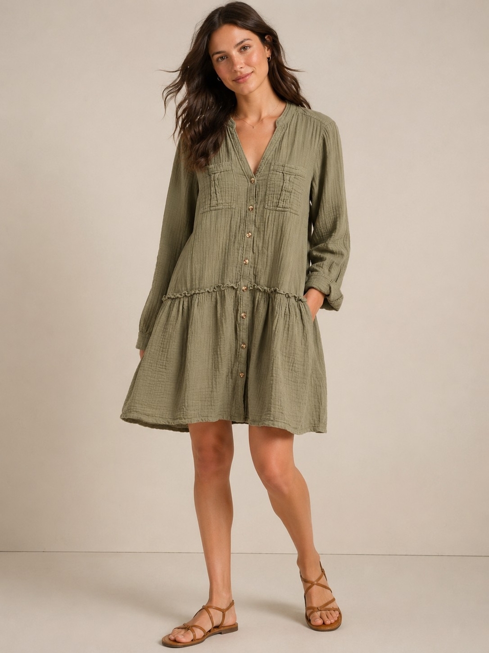 Maeve Olive Button-Front Tiered Gauze Dress